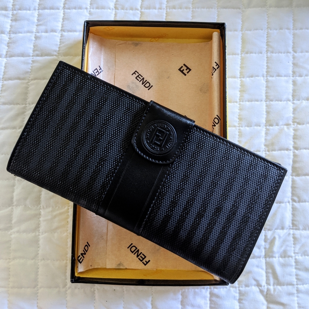 Vintage Fendi regimental stripe black wallet w box